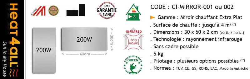 ****PROCEDURE DE PRET**** : 1 Radiateur électrique MIROIR CHAUFFANT 200W – Horiz. 60 cm x 30 cm x 2 cm